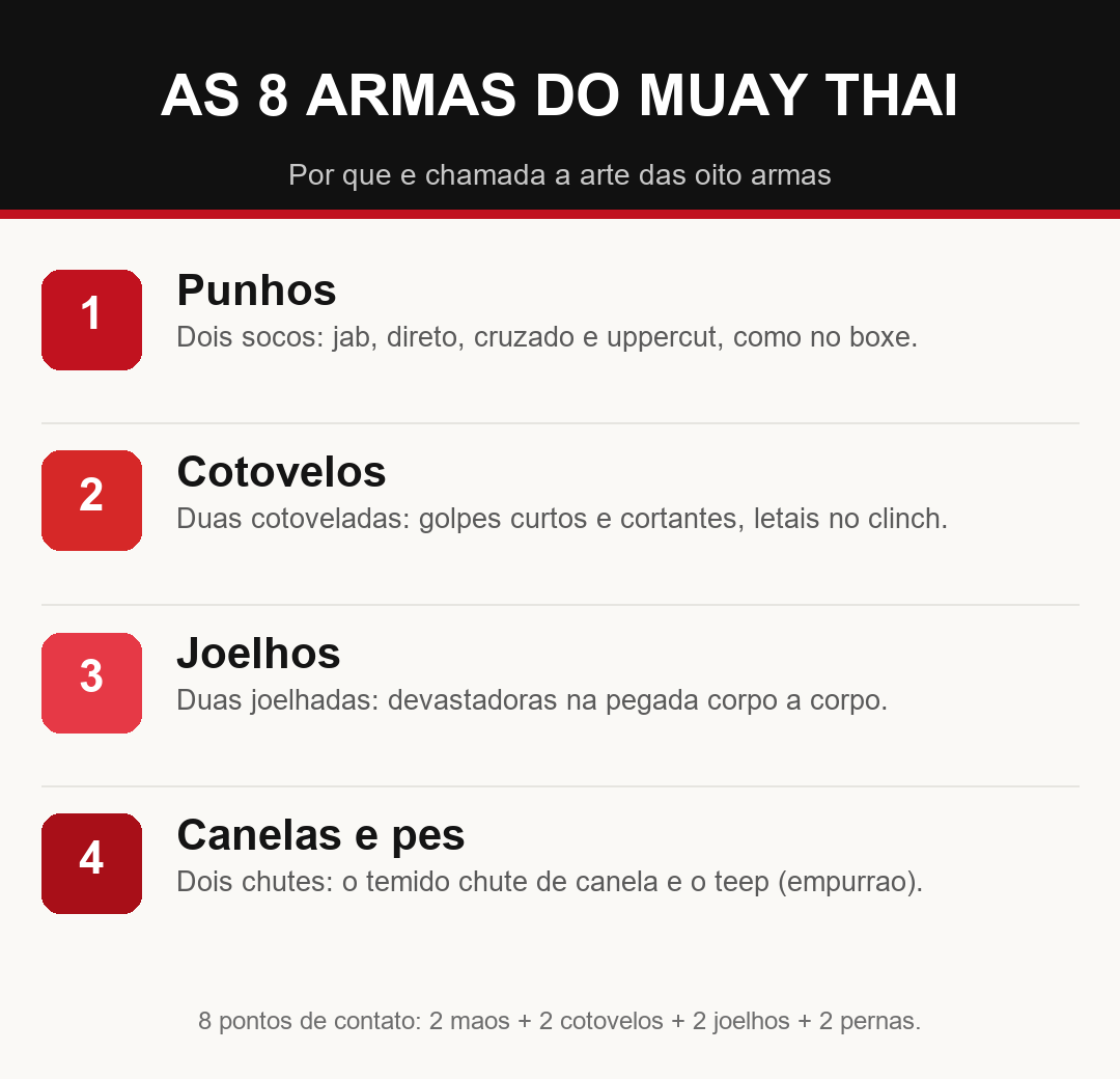 Infográfico das 8 armas do Muay Thai: punhos, cotovelos, joelhos e canelas
