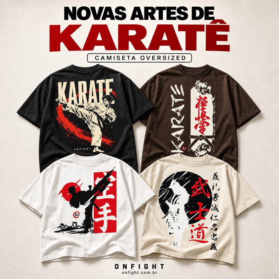Nova coleção de camisetas oversized de Karatê da OnFight, com quatro estampas nas cores preto, marrom, branco e off white
