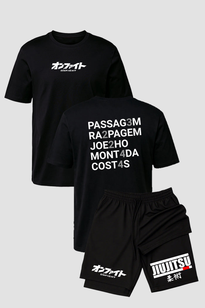 Kit Camiseta algodão com Short Dry Fit Jiu Jitsu Passagem Raspagem Joelho Montada Costas