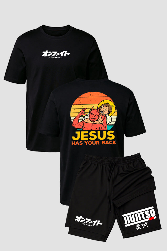 Kit Camiseta algodão com Short Dry Fit Jiu Jitsu Jesus Has your back