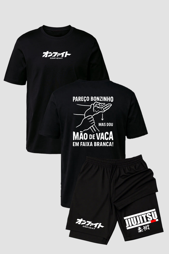 Kit Camiseta algodão com Short Dry Fit Jiu Jitsu pareço bonzinho modelo 1
