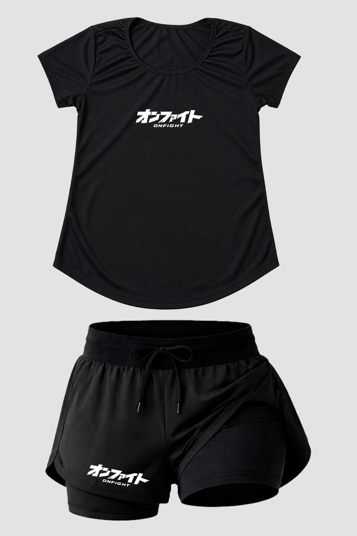 kIT Camiseta Dry fit Femino com short de compressão  Onfight basic Preto