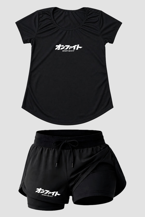 kIT Camiseta Dry fit Femino com short de compressão  Onfight basic Preto