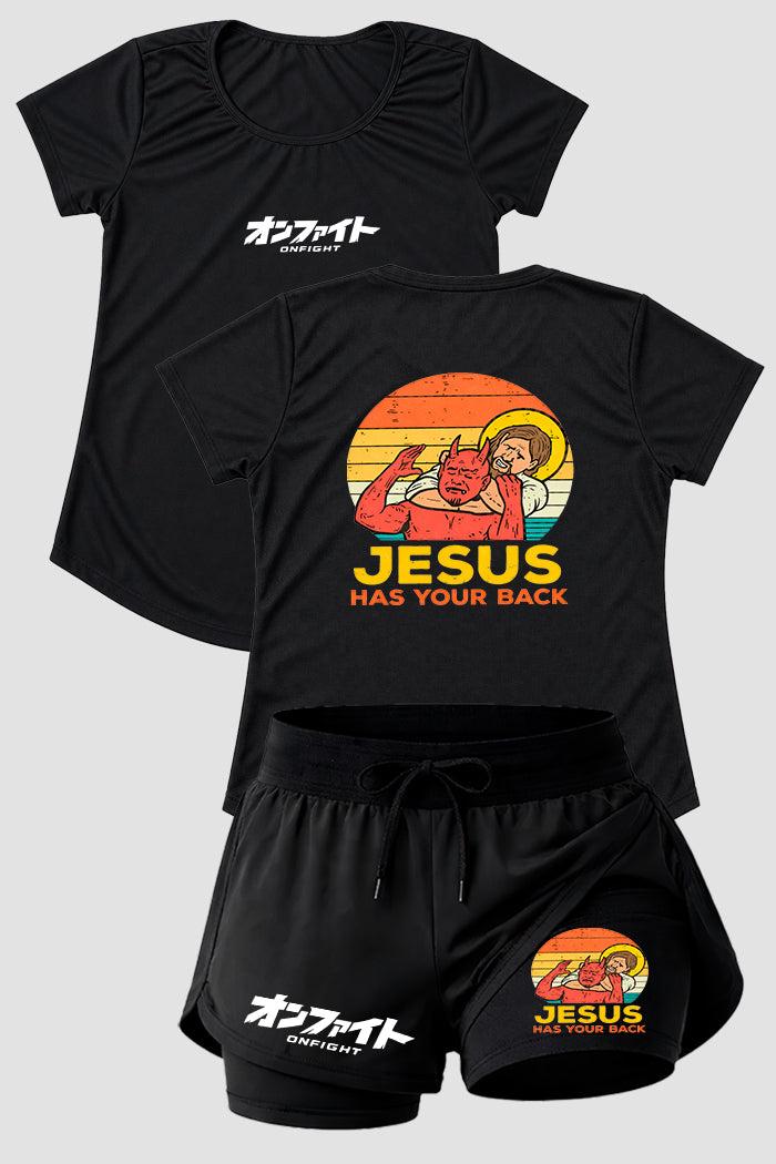 kIT Camiseta Dry fit e short  2 em 1 dry fit femino Jesus has your back