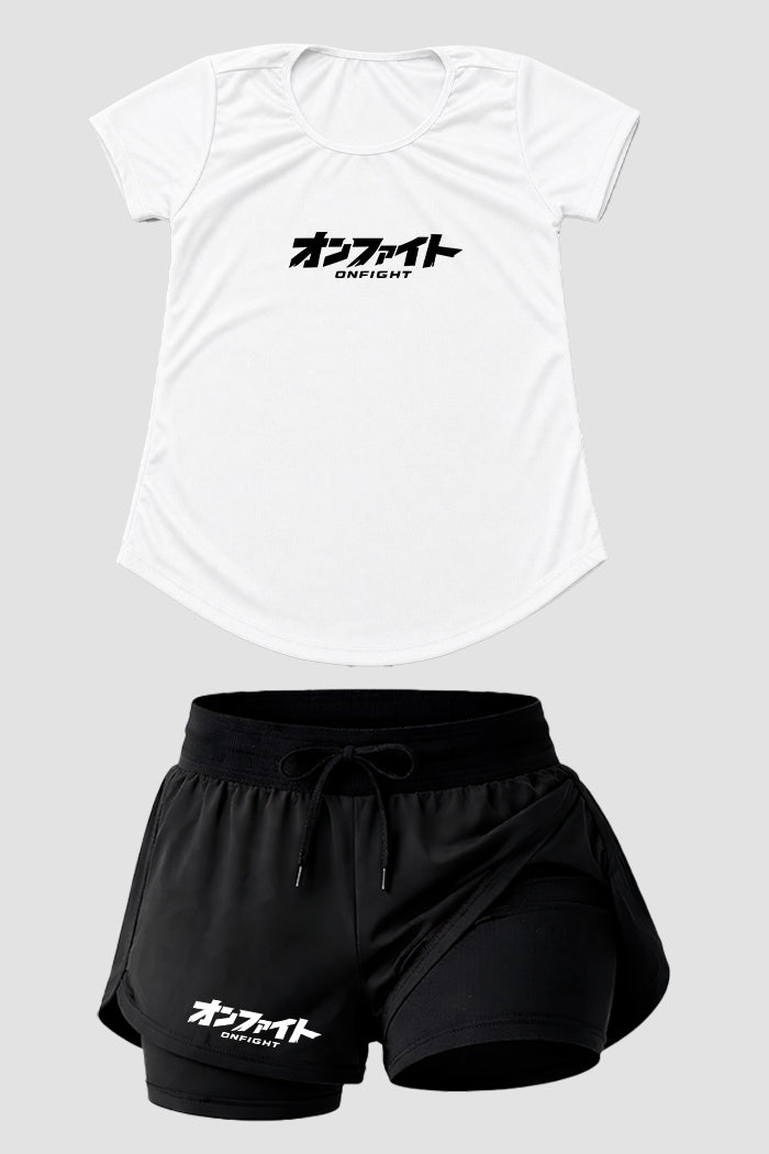 kIT Camiseta Dry fit Femino com short de compressão Onfight basic Branco
