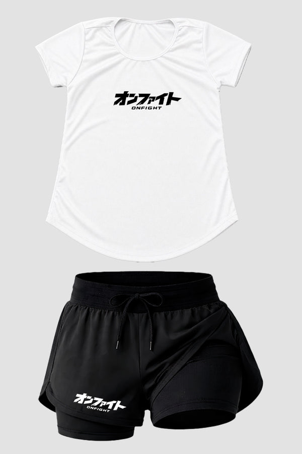 kIT Camiseta Dry fit Femino com short de compressão Onfight basic Branco