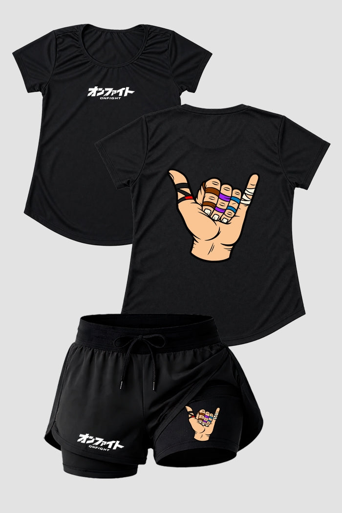 kIT Camiseta Dry fit e short  2 em 1 dry fit femino Hang Loose Faixas