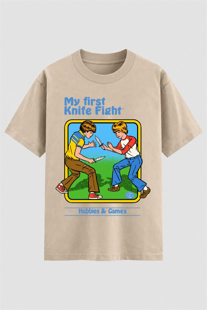 Camiseta Oversized Suedine My First Knife Fight - Estampa FRONTAL