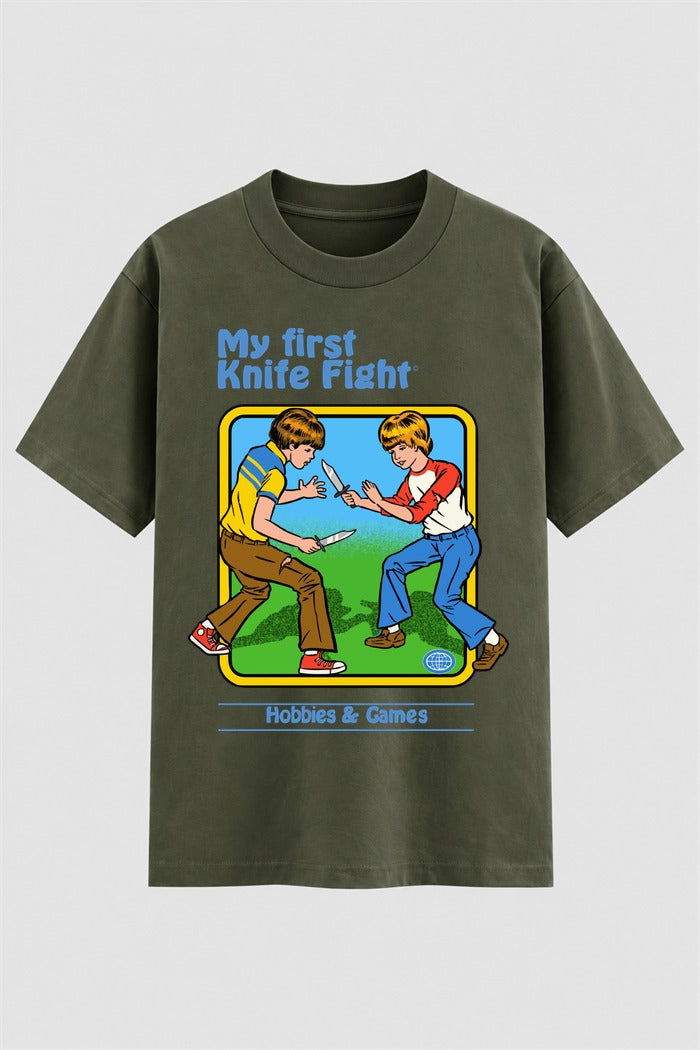 Camiseta Oversized Suedine My First Knife Fight - Estampa FRONTAL